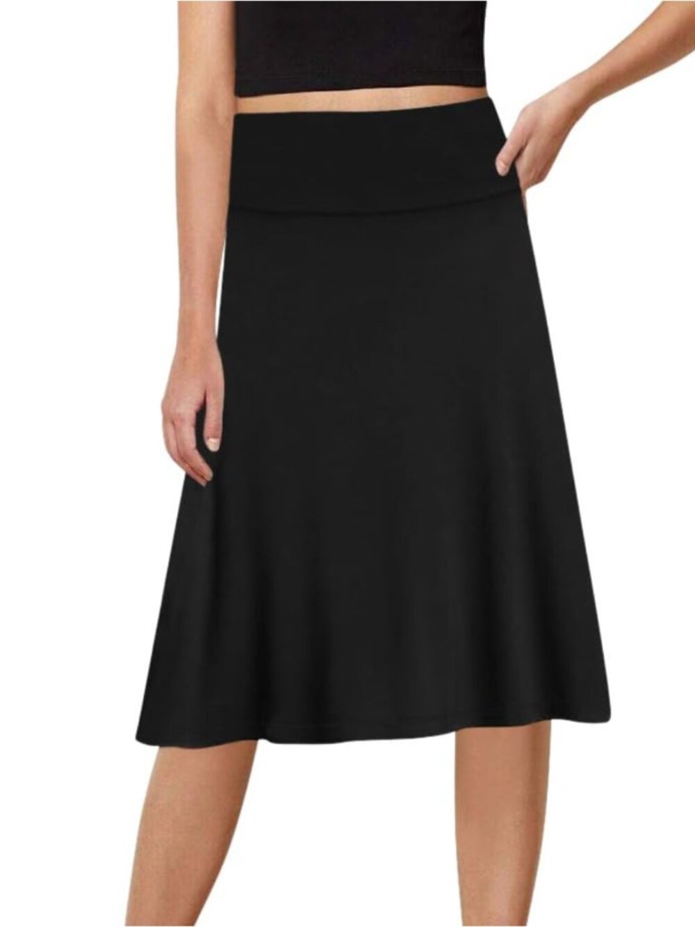A-Line Midi Skirt High Waist Knee Length Flared Flowy Stretchy Casual Work